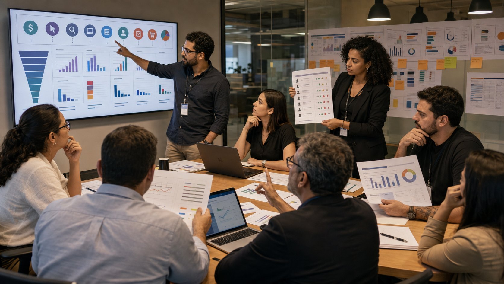 Equipe auditando CPC, termos de pesquisa, conversões e vendas de uma campanha