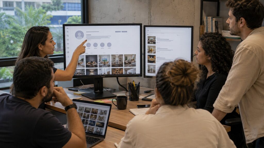 Equipe auditando perfil e publicações do Instagram que aparecem nos resultados do Google