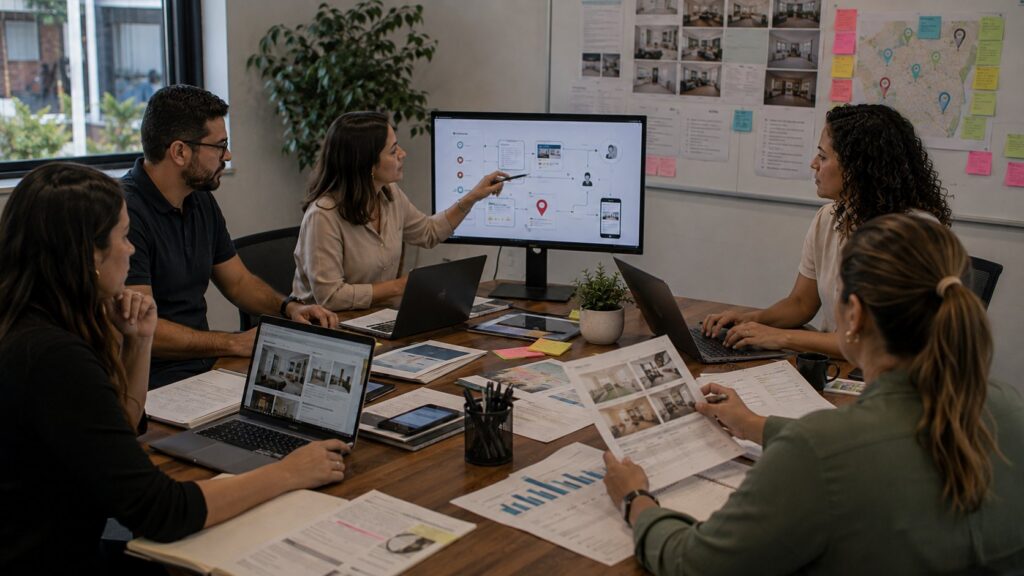 Equipe auditando site, Perfil da Empresa, avaliações e presença de um negócio nas buscas locais