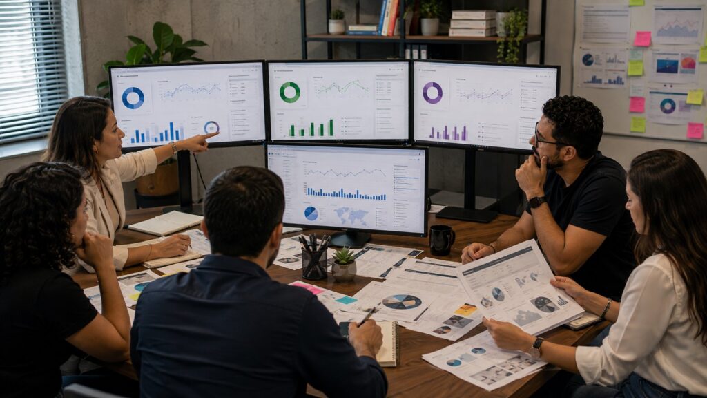 Equipe comparando métricas de autoridade de domínio com dados reais do Search Console