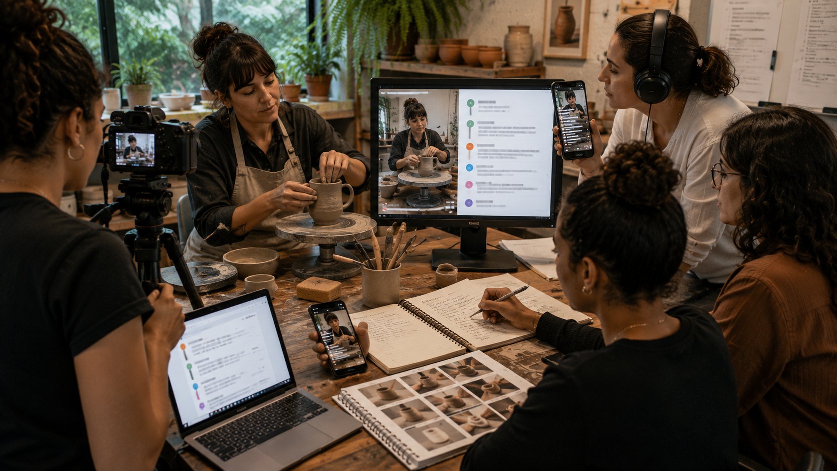 Equipe criando post do Instagram com legenda, localização, demonstração e contexto para aparecer no Google