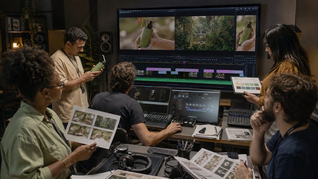 Equipe de produção revisando cenas publicitárias criadas com o Veo 3.1