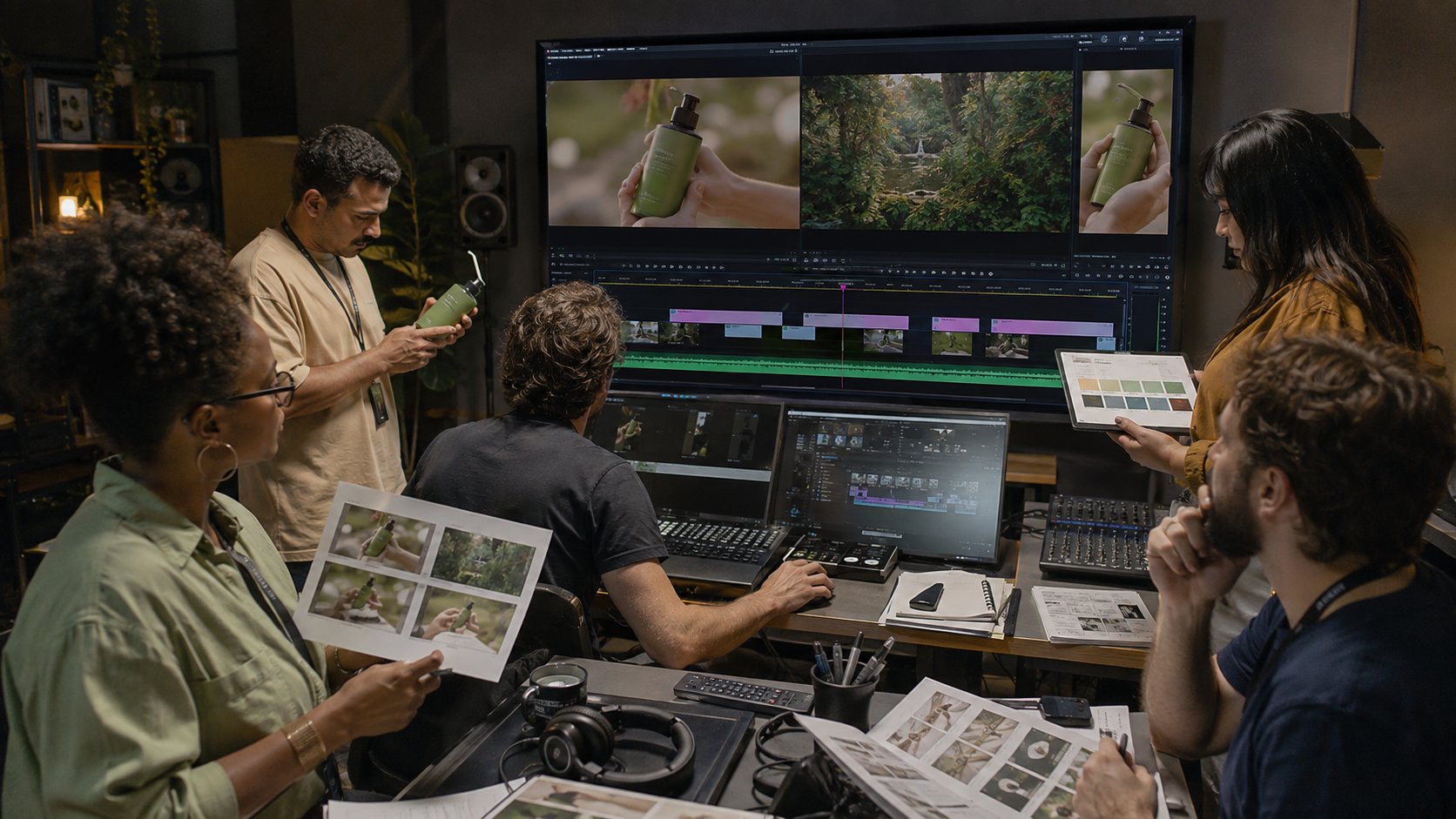 Equipe de produção revisando cenas publicitárias criadas com o Veo 3.1