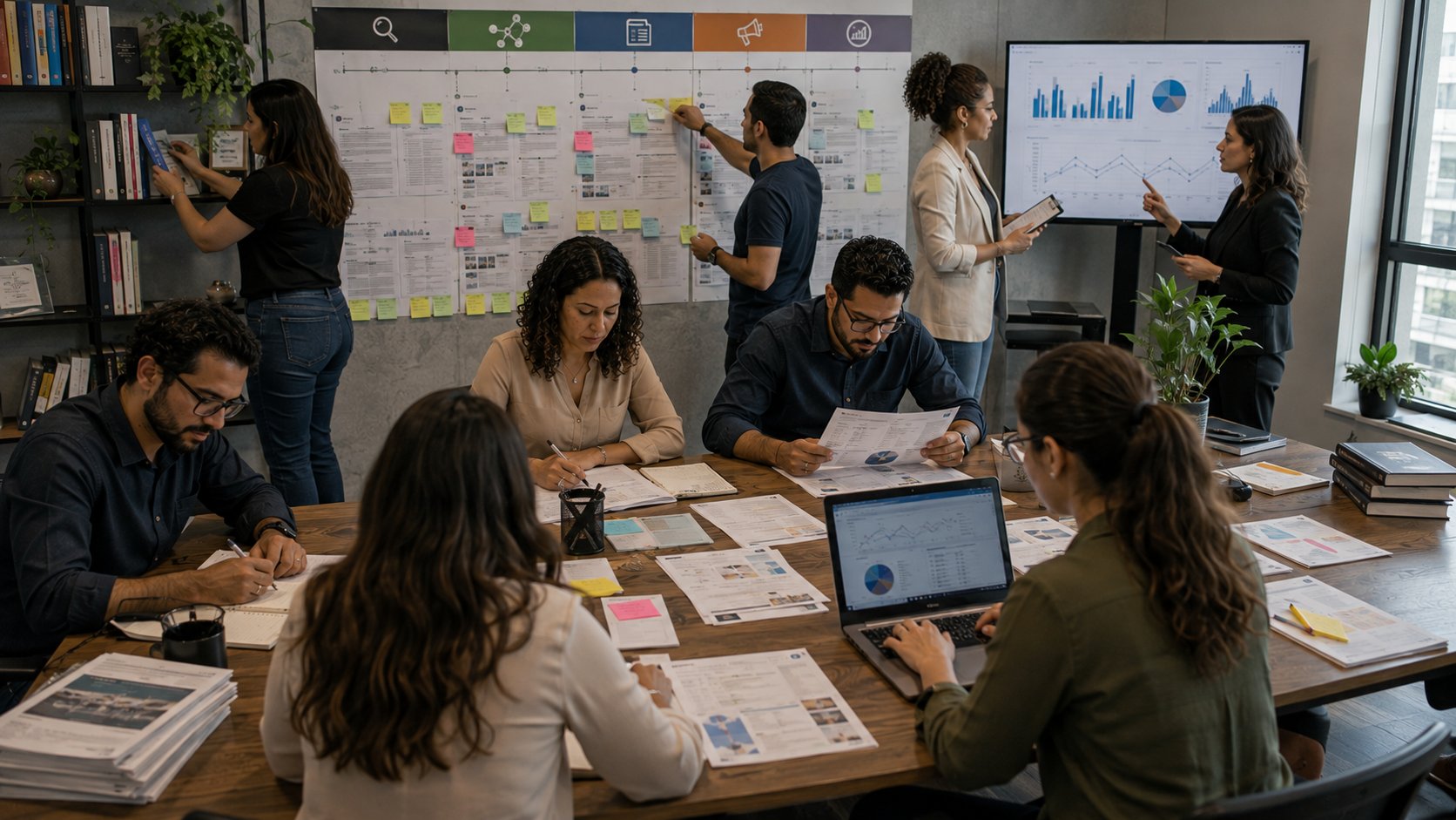 Equipe executando plano de autoridade com auditoria técnica, conteúdo original, links internos e relações públicas