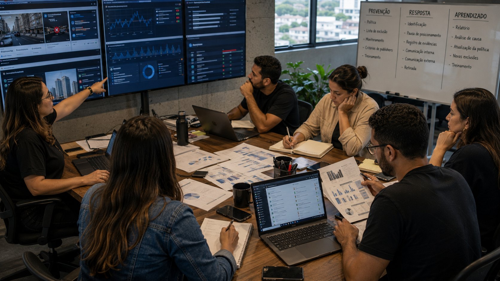 Equipe executando plano de brand safety com monitoramento, retirada de anúncios e análise de resultados