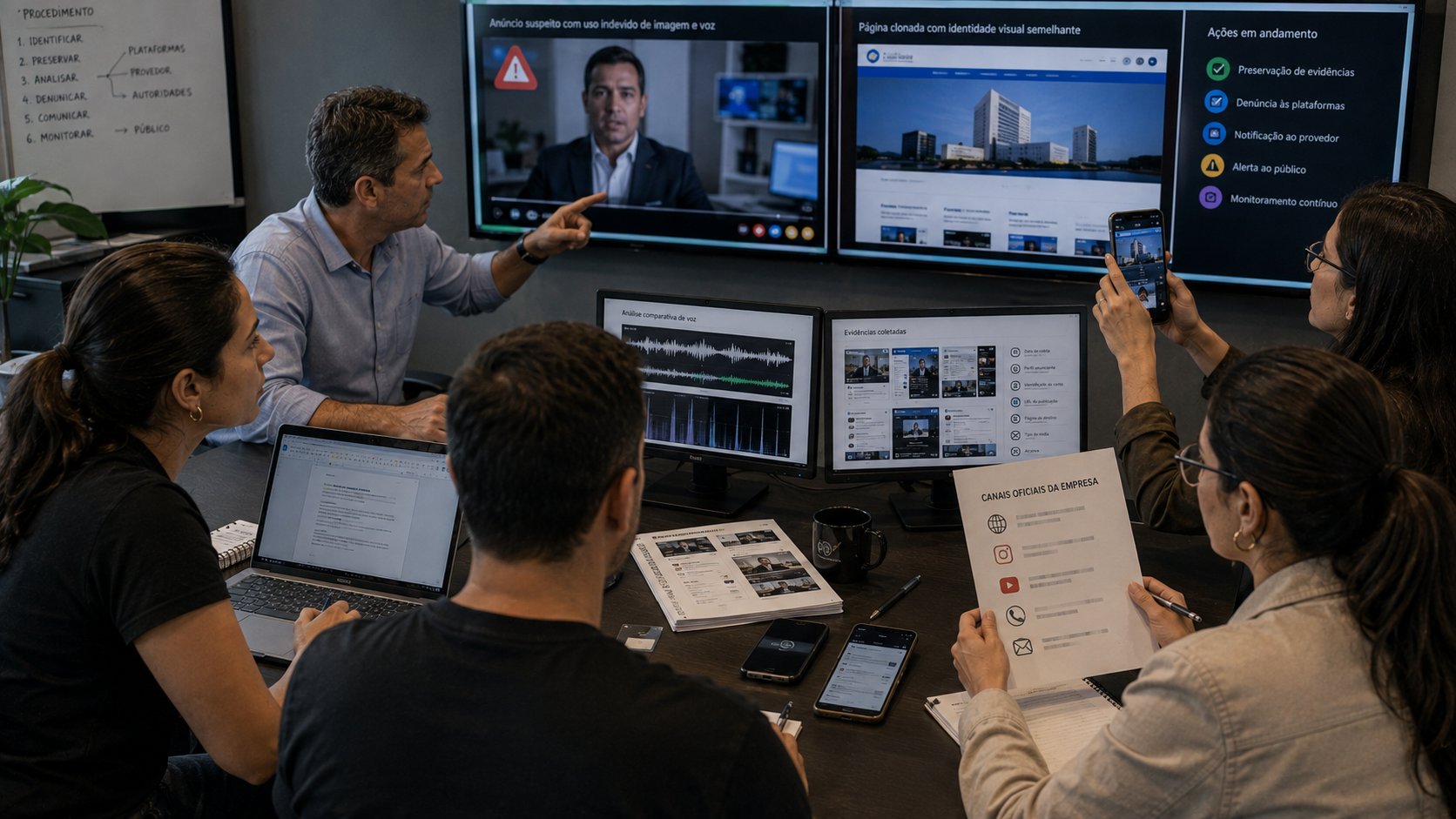 Equipe identificando anúncio falso com deepfake, domínio fraudulento e identidade copiada
