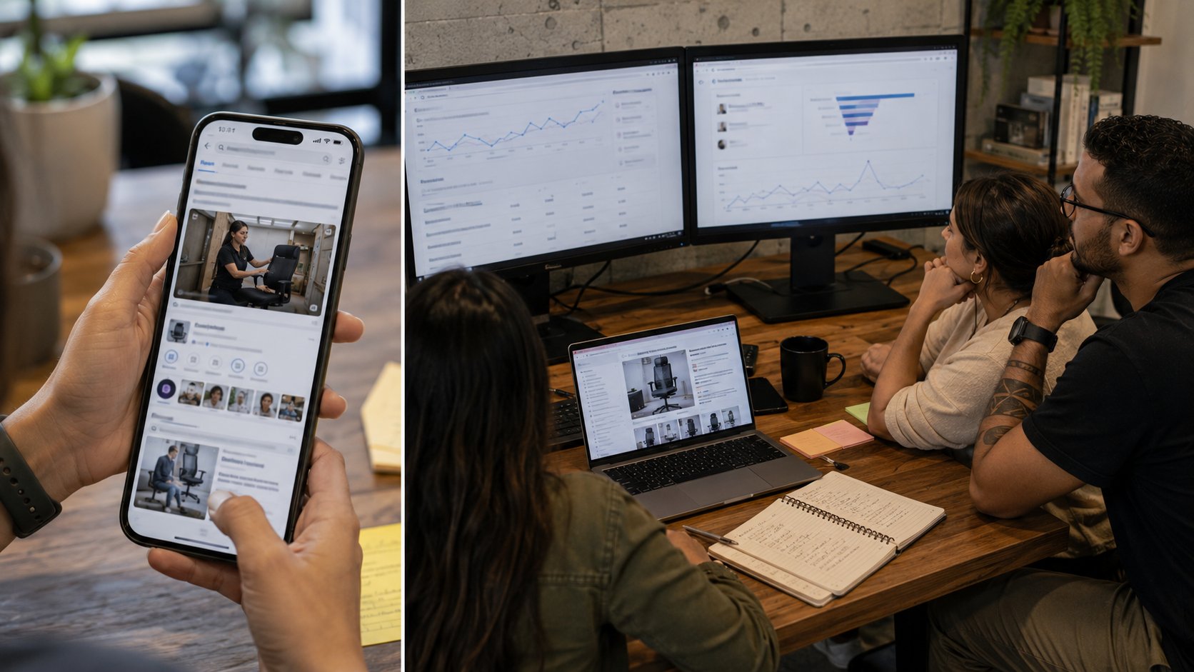 Equipe integrando post do Instagram, resultado do Google, site e conversão