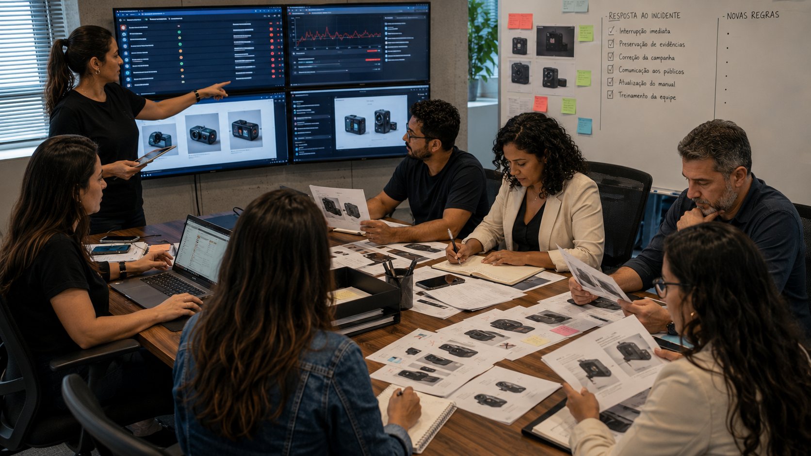 Equipe interrompendo conteúdo de IA inadequado, registrando evidências e atualizando o manual de marca