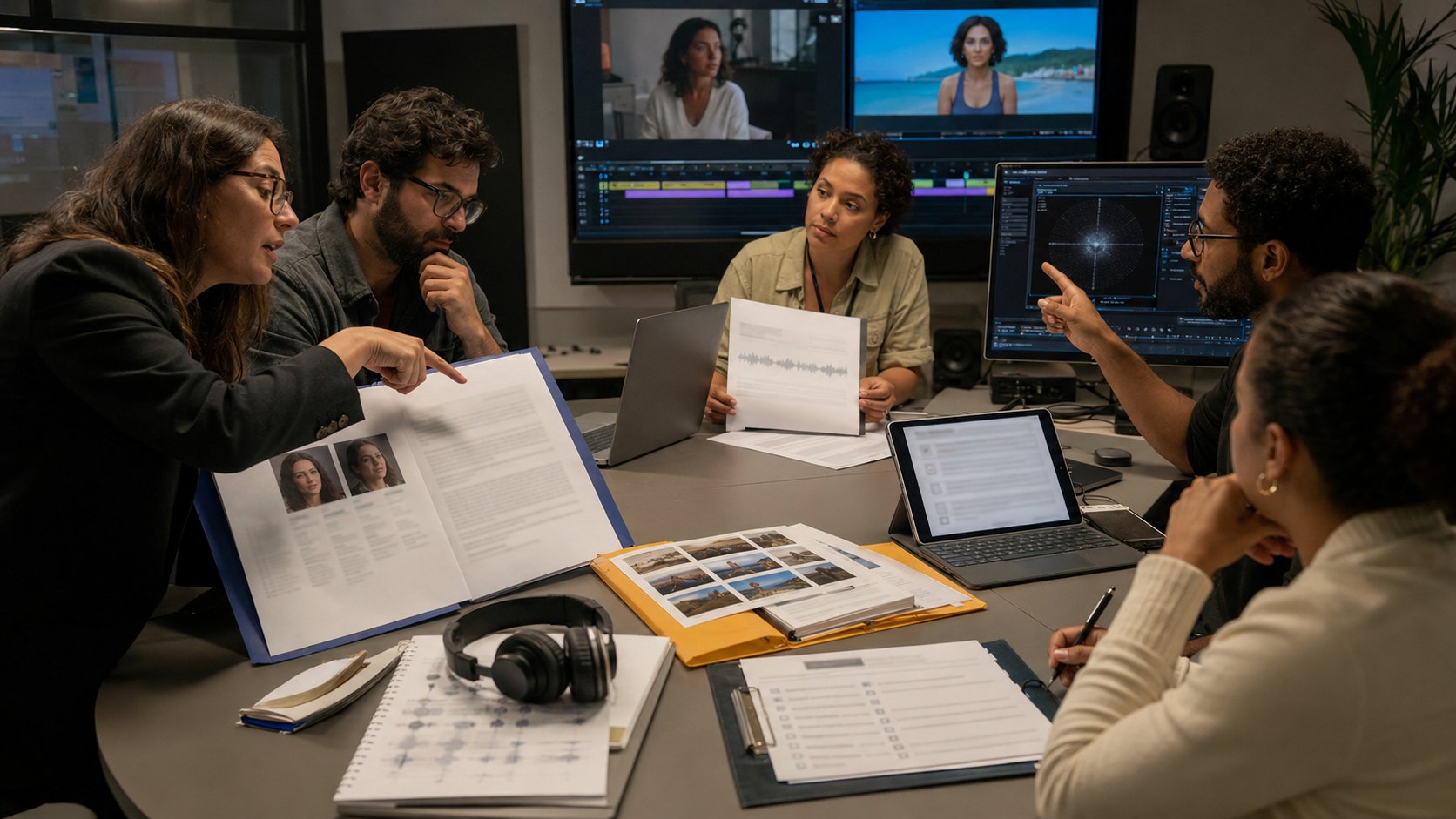 Equipe jurídica e audiovisual revisando direitos de imagem, voz e identificação de vídeo criado com o Veo