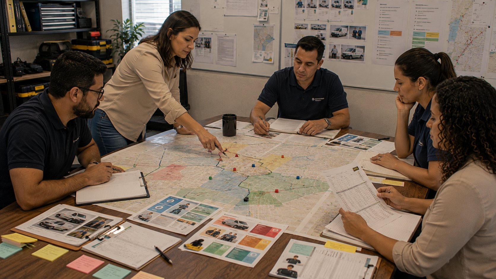 Equipe mapeando unidades, áreas atendidas, serviços, páginas locais e consultas de clientes