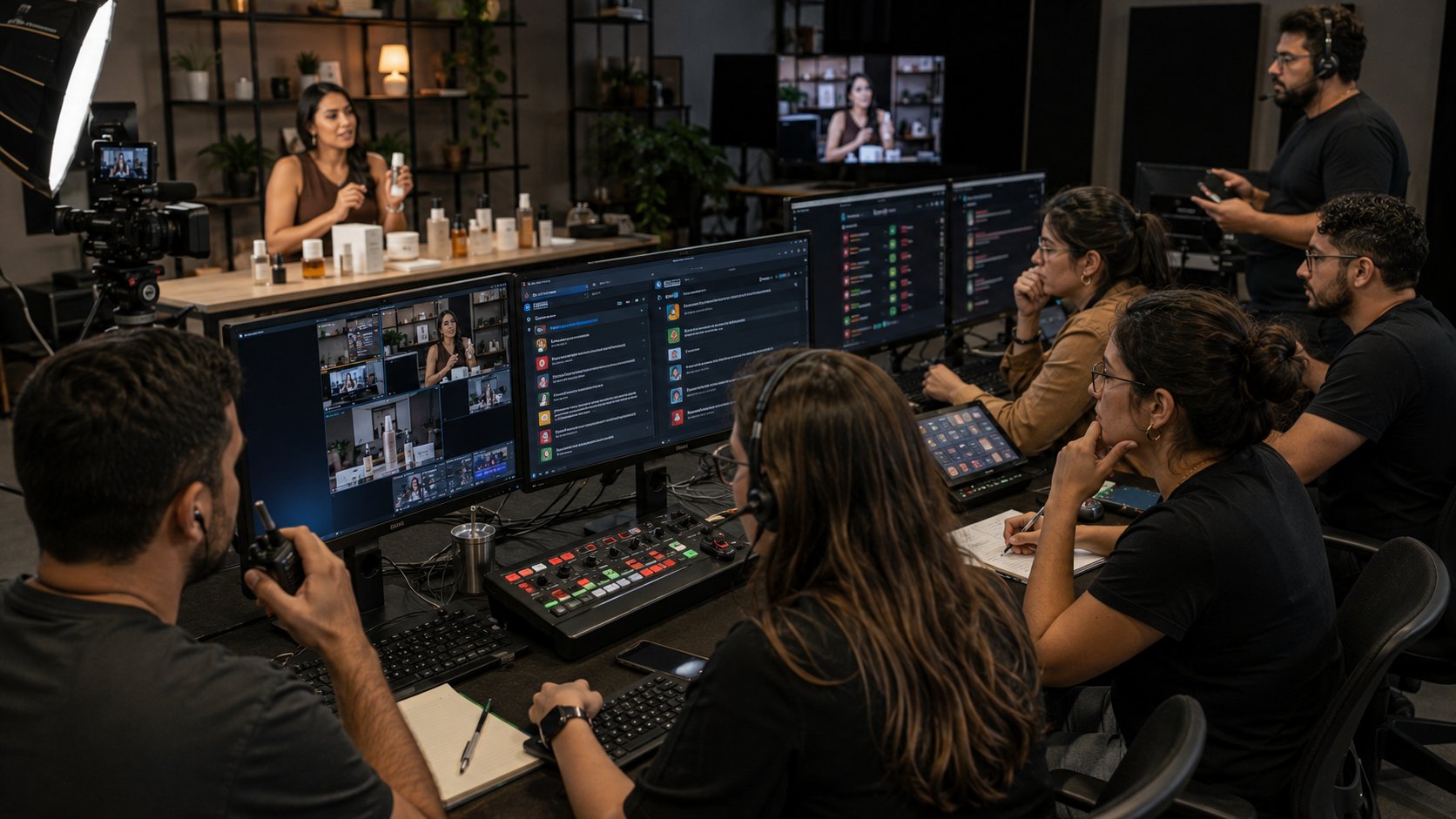 Equipe monitorando creator, transmissão ao vivo, comentários e publicidade de marca
