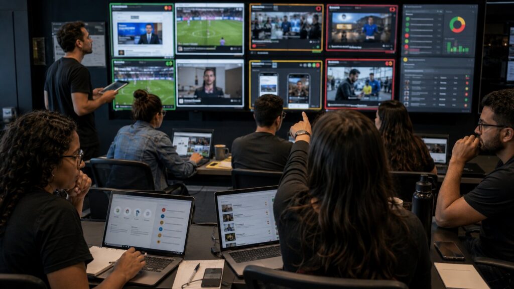 Equipe monitorando posicionamentos de anúncios, conteúdos sintéticos e riscos de brand safety