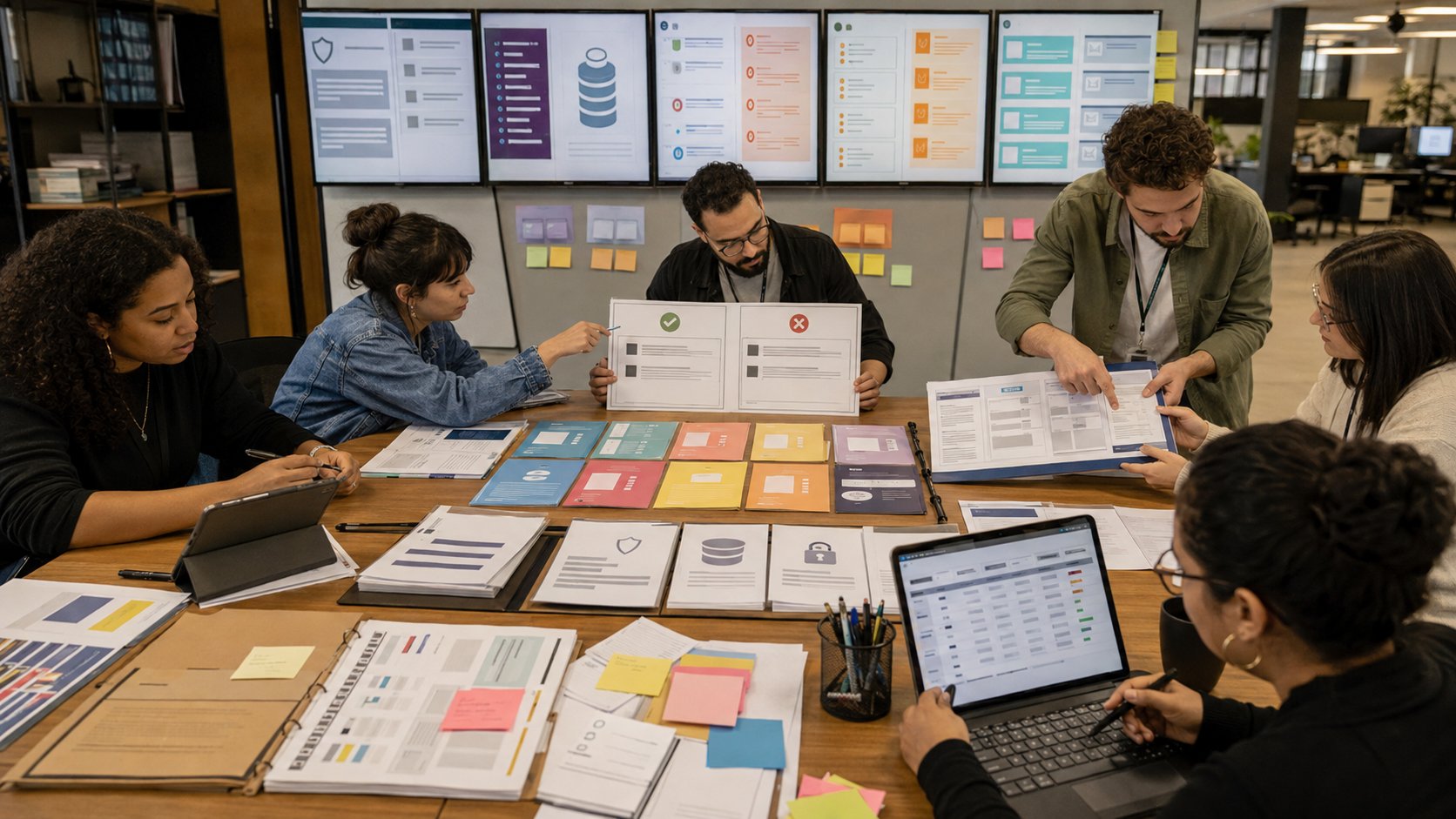 Equipe organizando prompts de marca, fontes autorizadas, proibições e níveis de aprovação