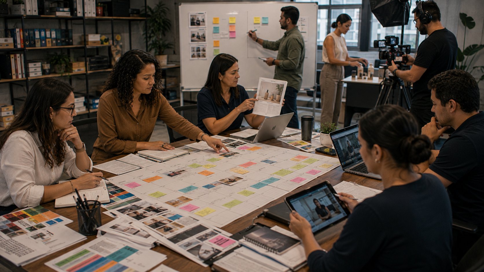 Equipe produzindo calendário de mídias sociais com objetivos, fontes, formatos, aprovações e atendimento