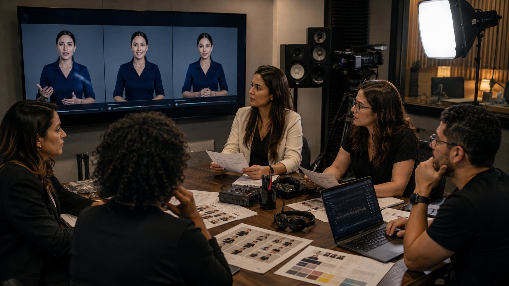 Equipe revisando avatar de marca, voz sintética, autorização e limites de atuação