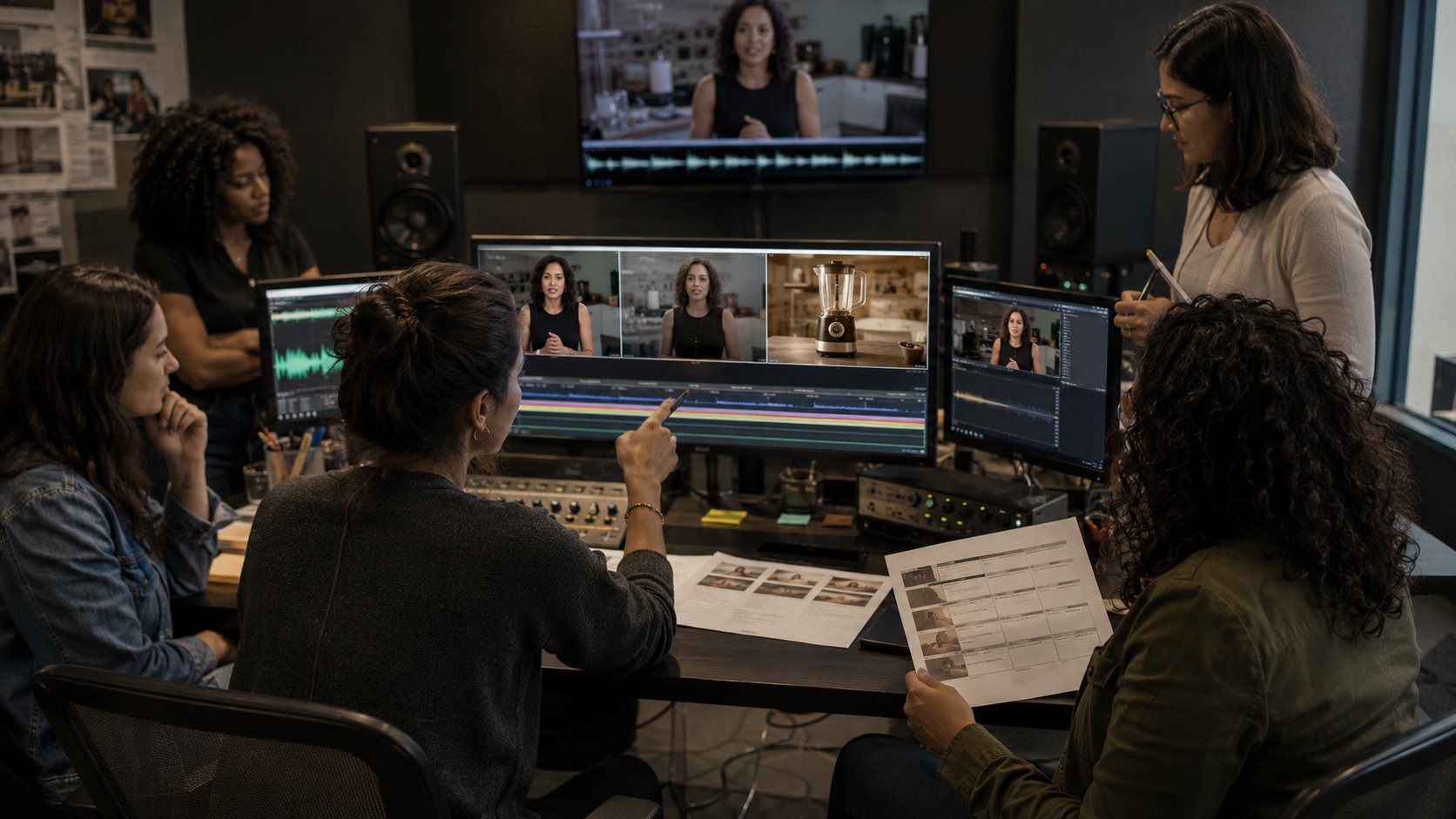 Equipe revisando roteiro, voz, imagem e vídeo criados por IA para uma campanha de branded content