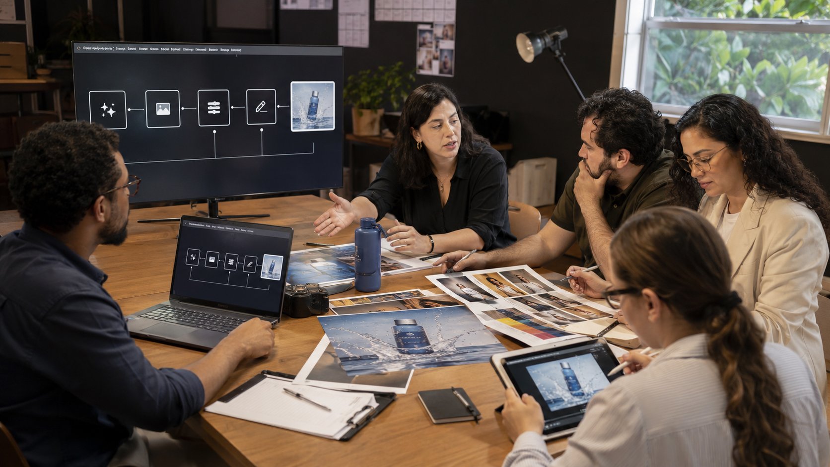 Equipe verificando Content Credentials, histórico de edição e rótulos de conteúdo produzido por IA