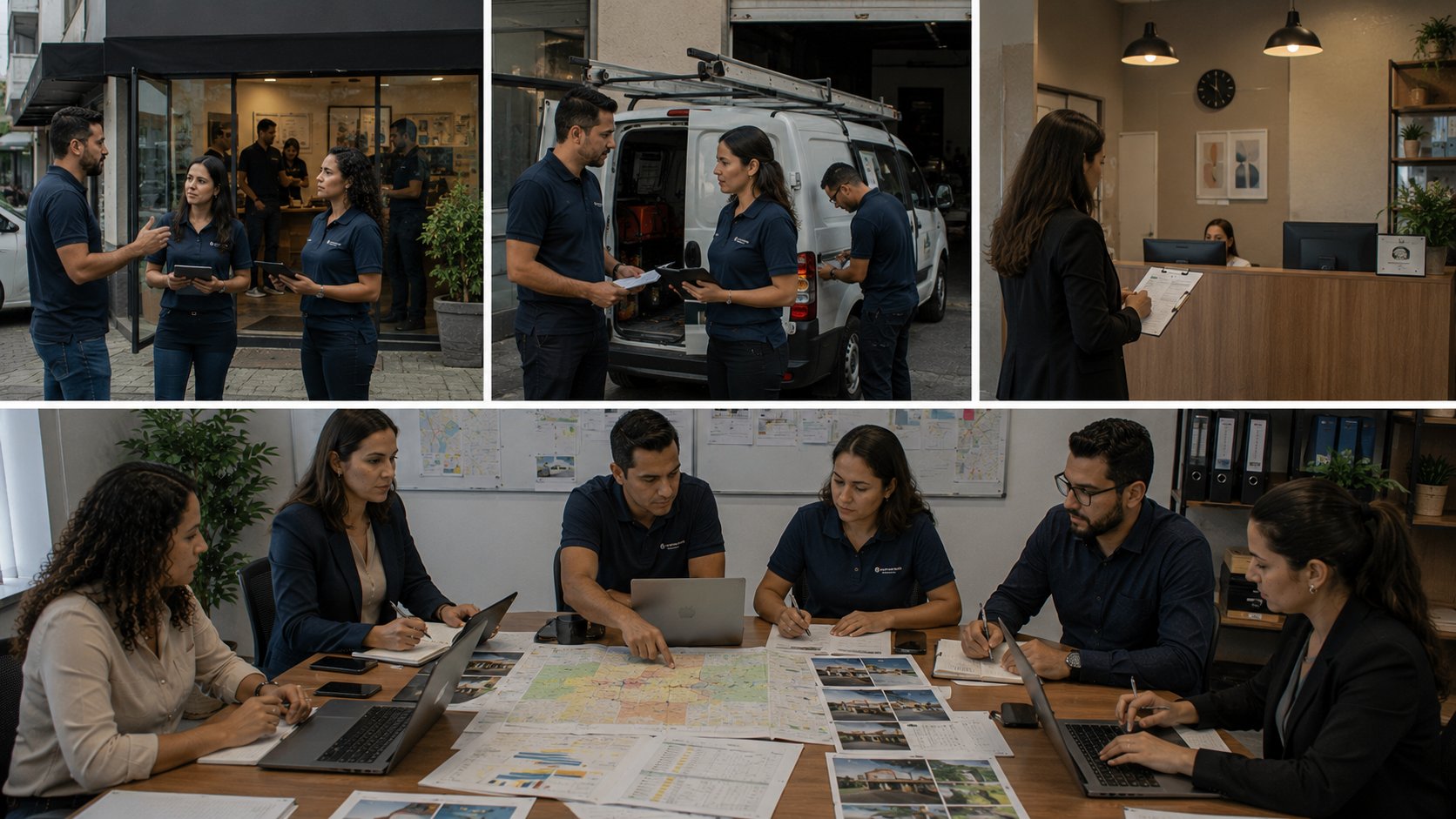 Equipe verificando endereço real, área de cobertura, unidades físicas e regiões atendidas por uma empresa